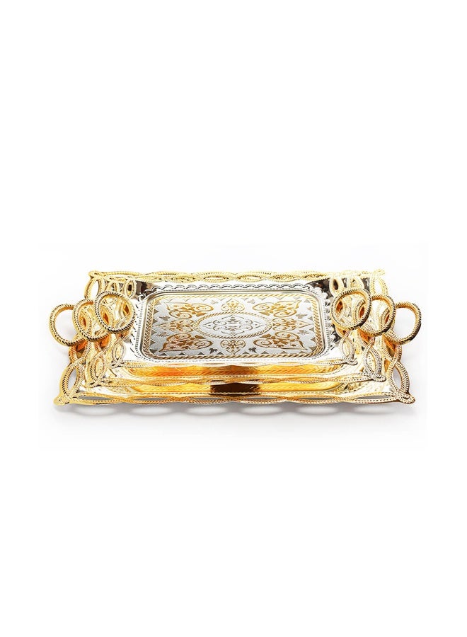Si Bonne Luxury Rectangular Gold Decorative Serving Tray with Ornate Handles, Elegant Metal Display Tray - Image 1